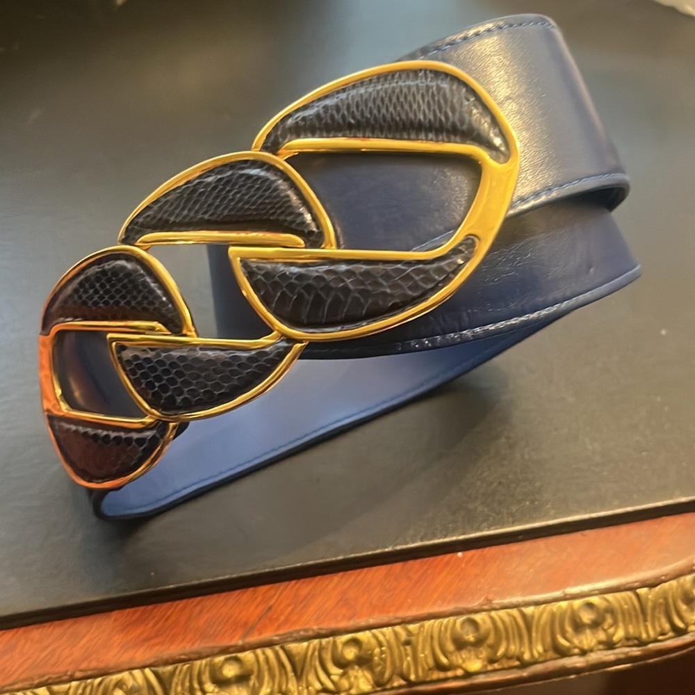 Snake Skin Navy Wide Wide Waist Belt with Gold Hardware